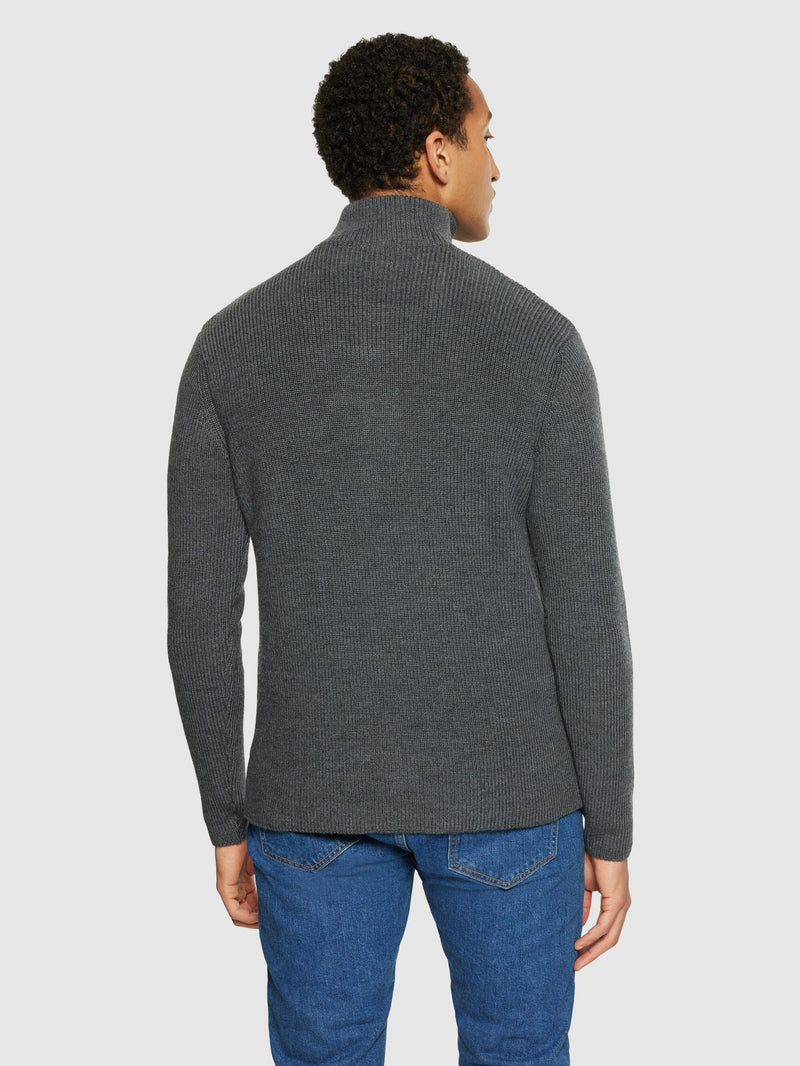 KnowledgeCotton Apparel - MEN 1/2 neck zip merino wool rib knit Knits 1073 Dark Grey Melange