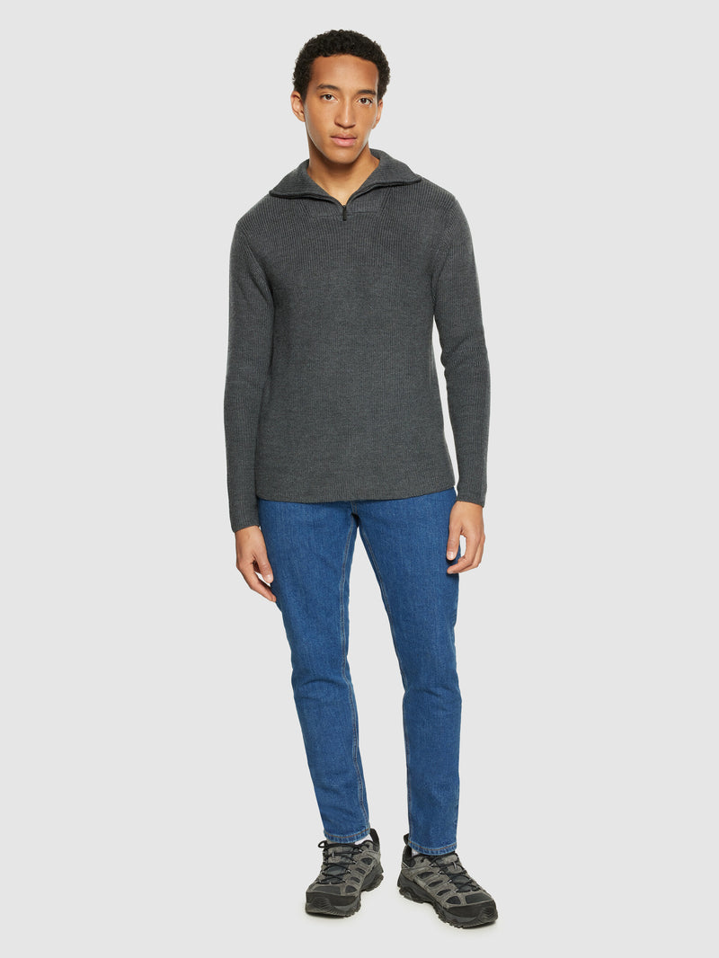 KnowledgeCotton Apparel - MEN 1/2 neck zip merino wool rib knit Knits 1073 Dark Grey Melange