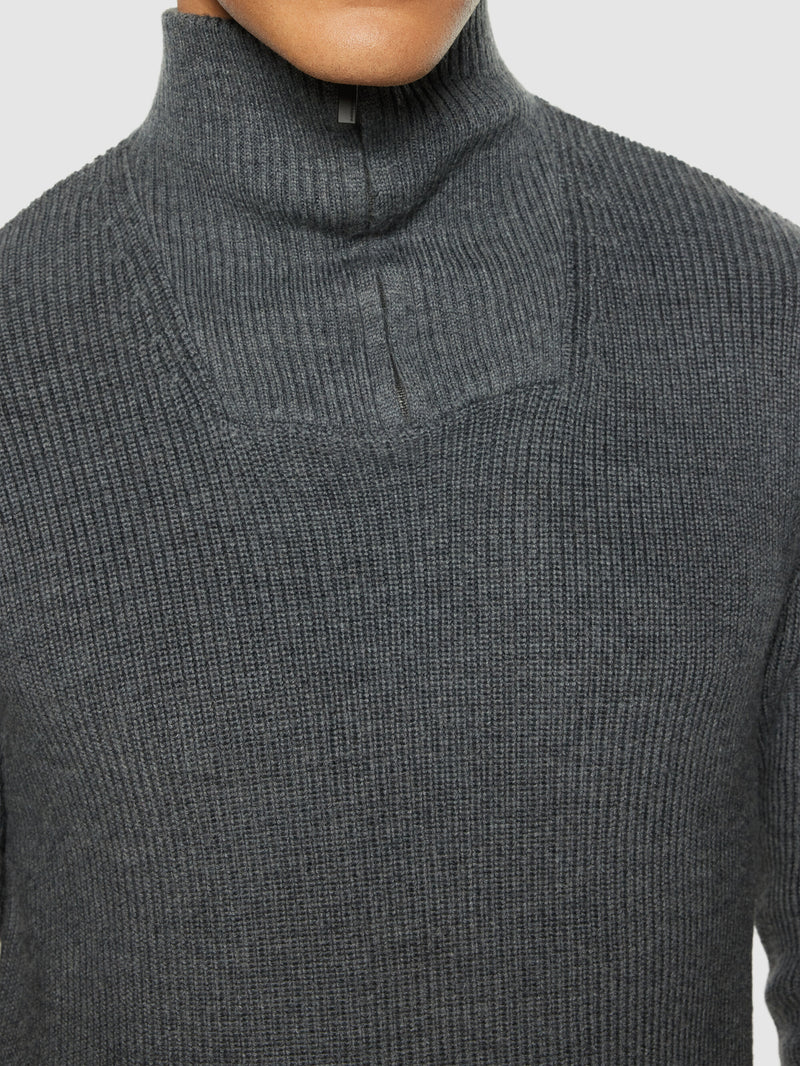 KnowledgeCotton Apparel - MEN 1/2 neck zip merino wool rib knit Knits 1073 Dark Grey Melange