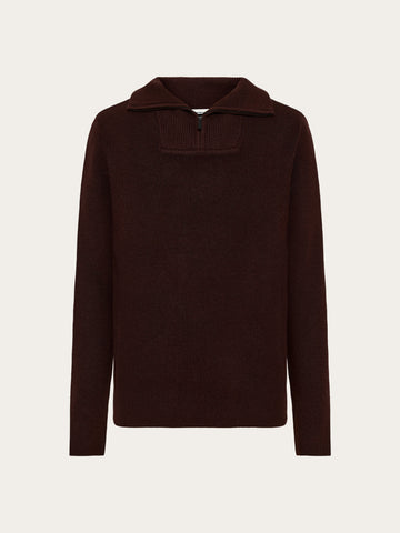 KnowledgeCotton Apparel - MEN 1/2 neck zip merino wool rib knit Knits 1487 Chocolate Torte