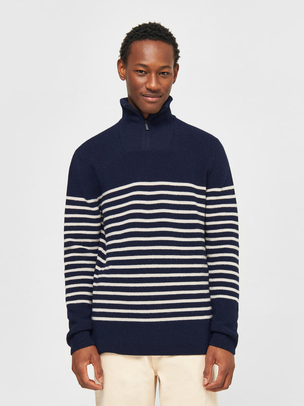 KnowledgeCotton Apparel - MEN 1/2 neck zip merino wool rib knit Knits 8021 Blue stripe