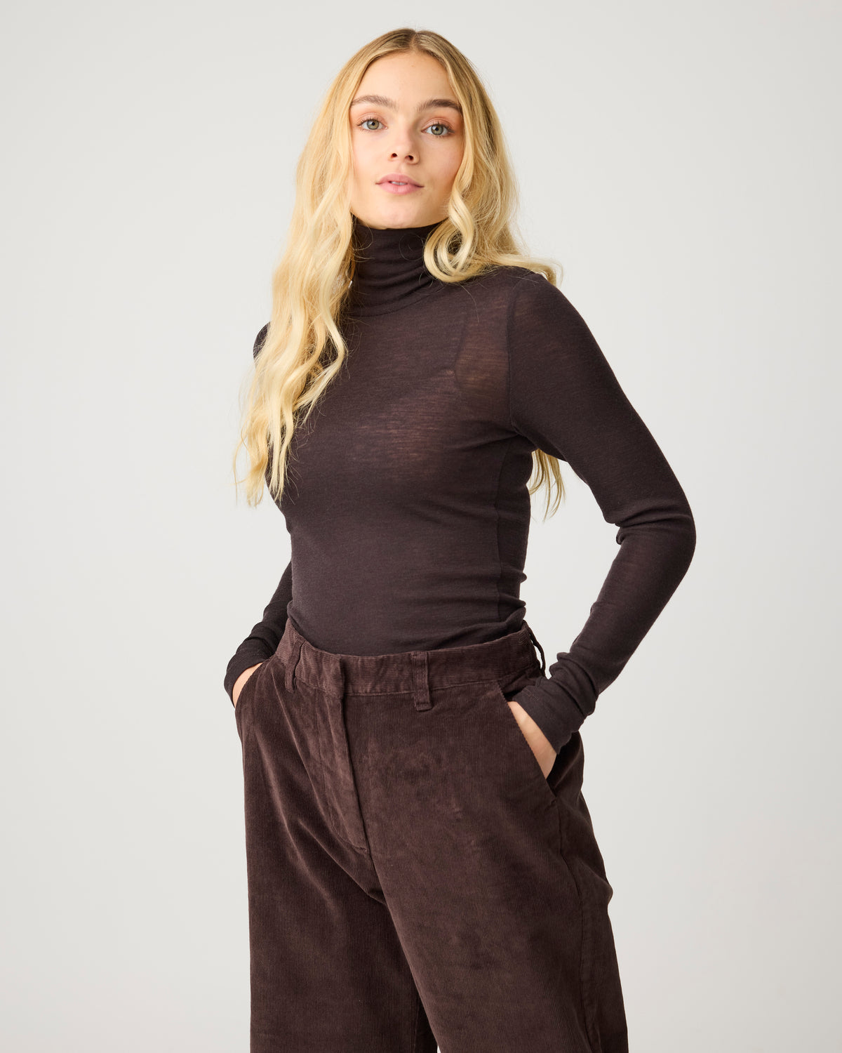 Merino rib long sleeve roll-neck - Chocolate Torte