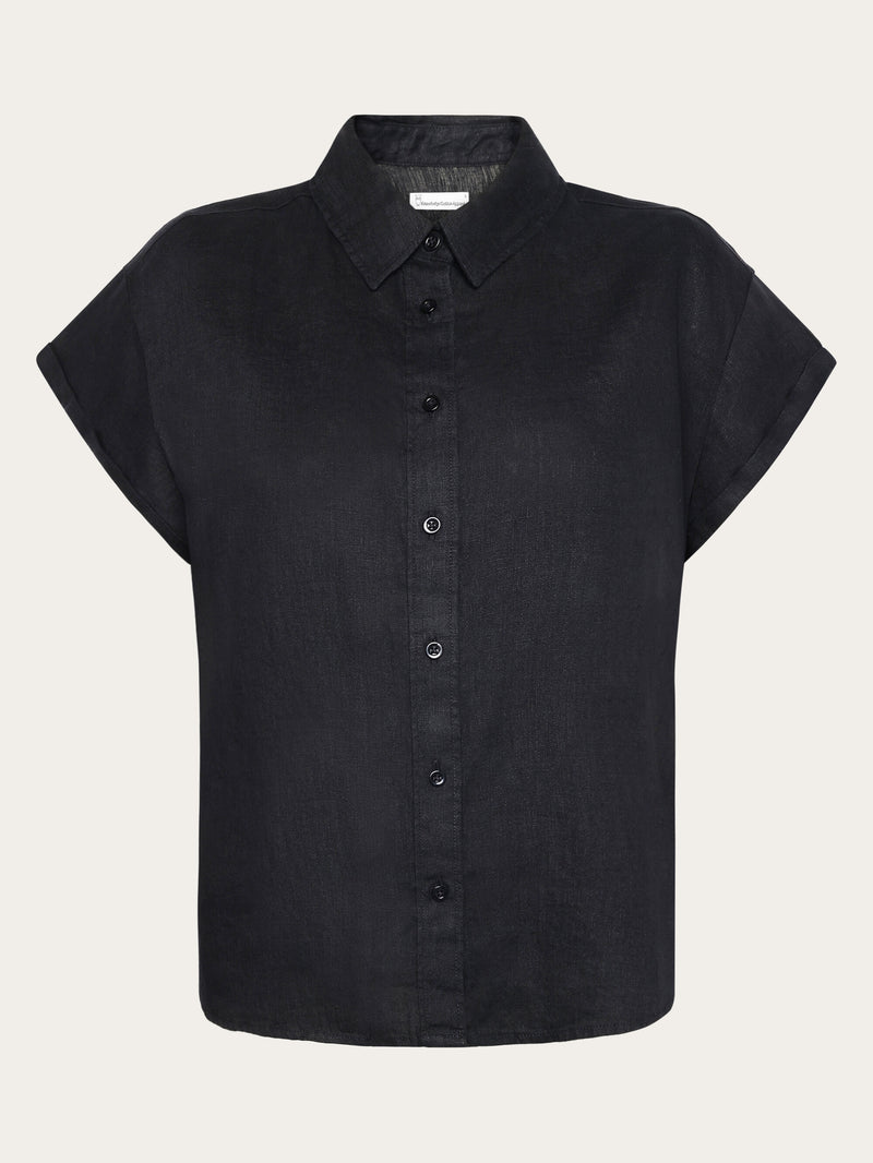 KnowledgeCotton Apparel - WMN ASTER fold up short sleeve linen shirt Shirts 1300 Black Jet