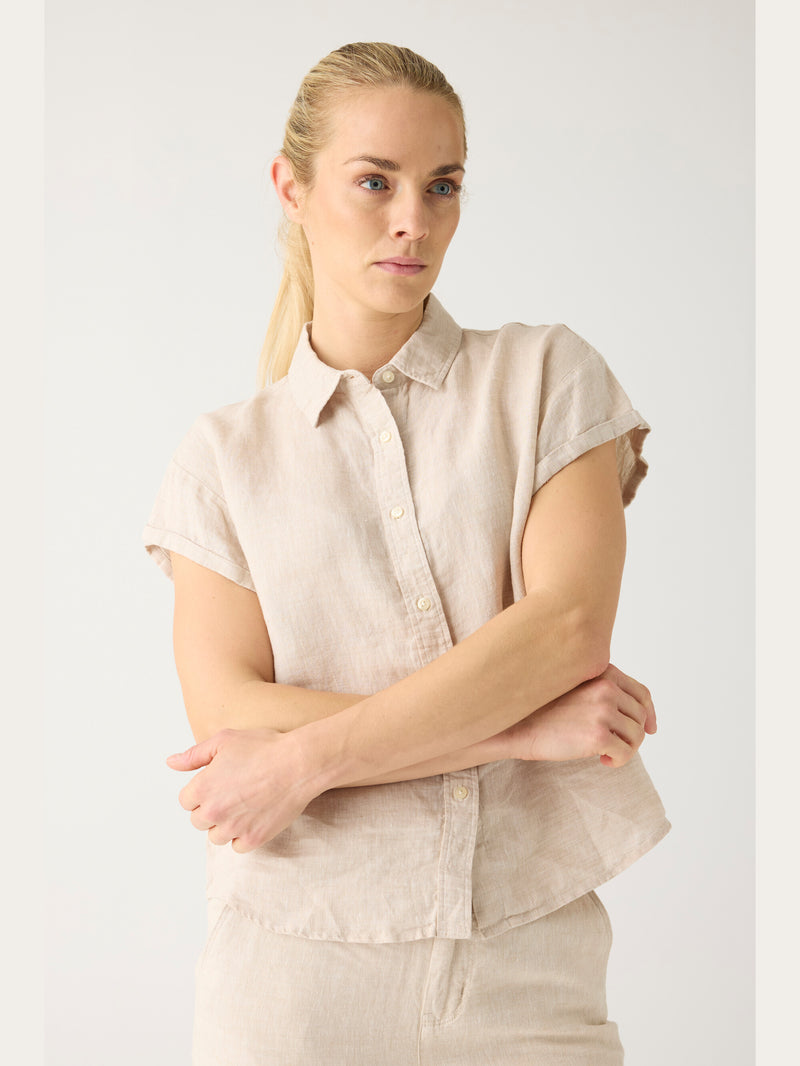 KnowledgeCotton Apparel - WMN ASTER fold up short sleeve linen shirt Shirts 1449 Yarndyed - Light feather gray
