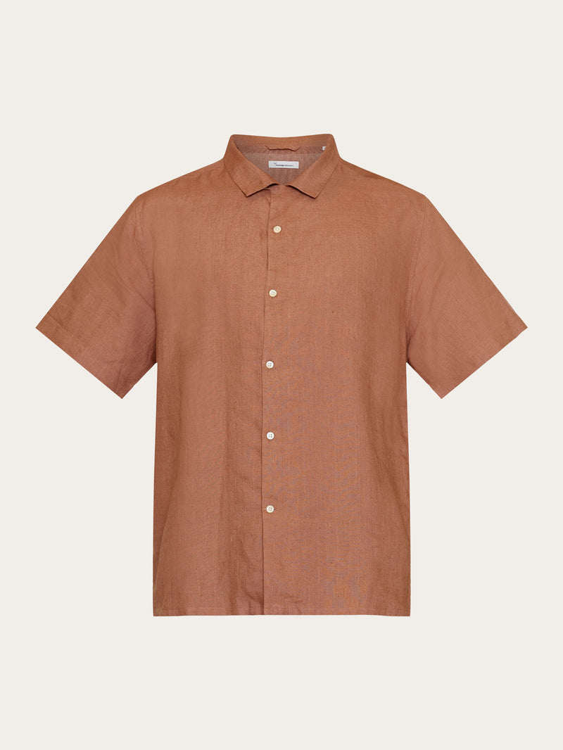 KnowledgeCotton Apparel - MEN Box fit short sleeved linen shirt Shirts 1437 Chocolate Malt