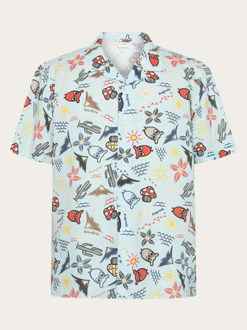 KnowledgeCotton Apparel - MEN Box short sleeve AOP linen shirt - GOTS/Vegan Shirts 1480 Aqua-Esque