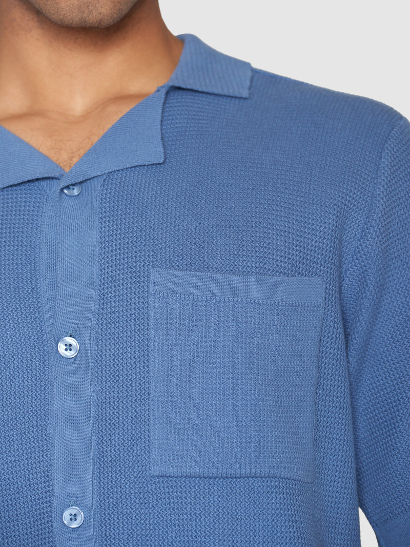 KnowledgeCotton Apparel - MEN Boxy short sleeve structured knitted shirt - Regenerative Organic Certified™ - GOTS/Vegan Knits 1432 Moonlight Blue