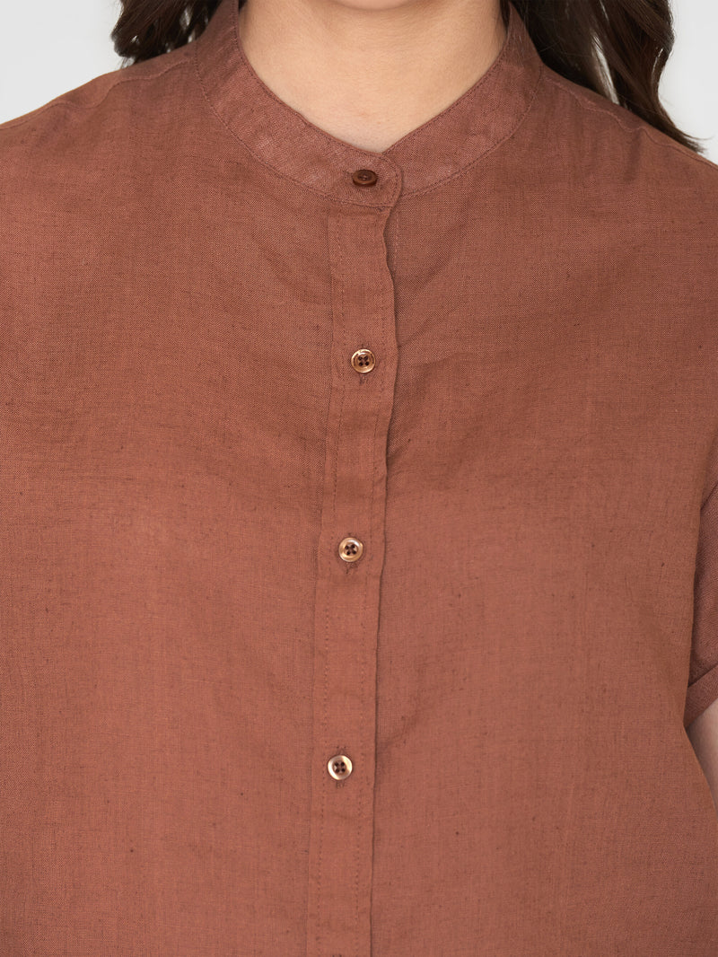 KnowledgeCotton Apparel - WMN Collar stand short sleeve linen shirt Shirts 1441 Tiramisu