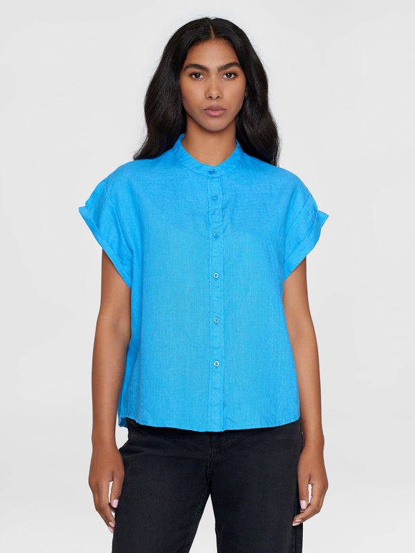 KnowledgeCotton Apparel - WMN Collar stand short sleeve linen shirt Shirts 1445 Malibu Blue