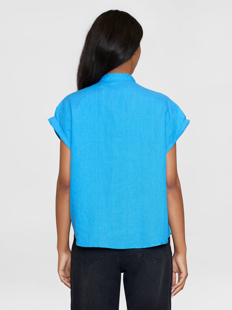 KnowledgeCotton Apparel - WMN Collar stand short sleeve linen shirt Shirts 1445 Malibu Blue