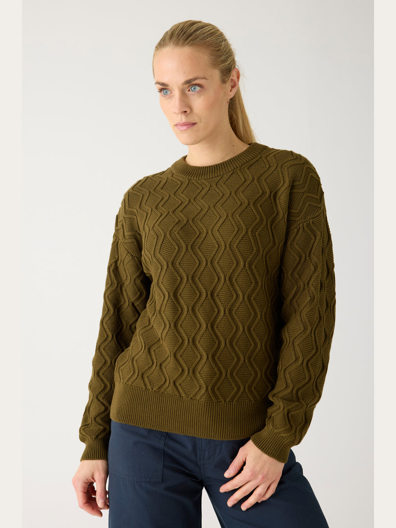 KnowledgeCotton Apparel - WMN Cotton cable crew neck - Regenerative Organic Certified® - GOTS/Vegan Knits 1100 Dark Olive