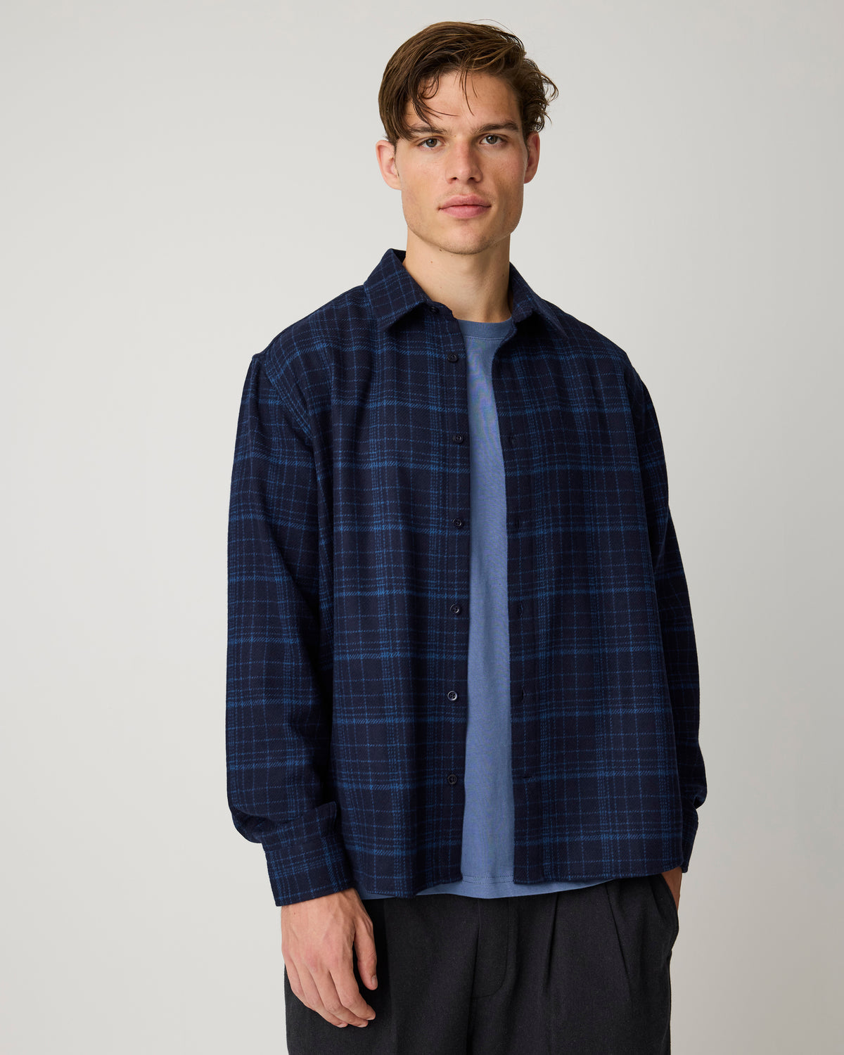 KnowledgeCotton Apparel - MEN Dune regular merino check shirt Shirts 7036 Navy