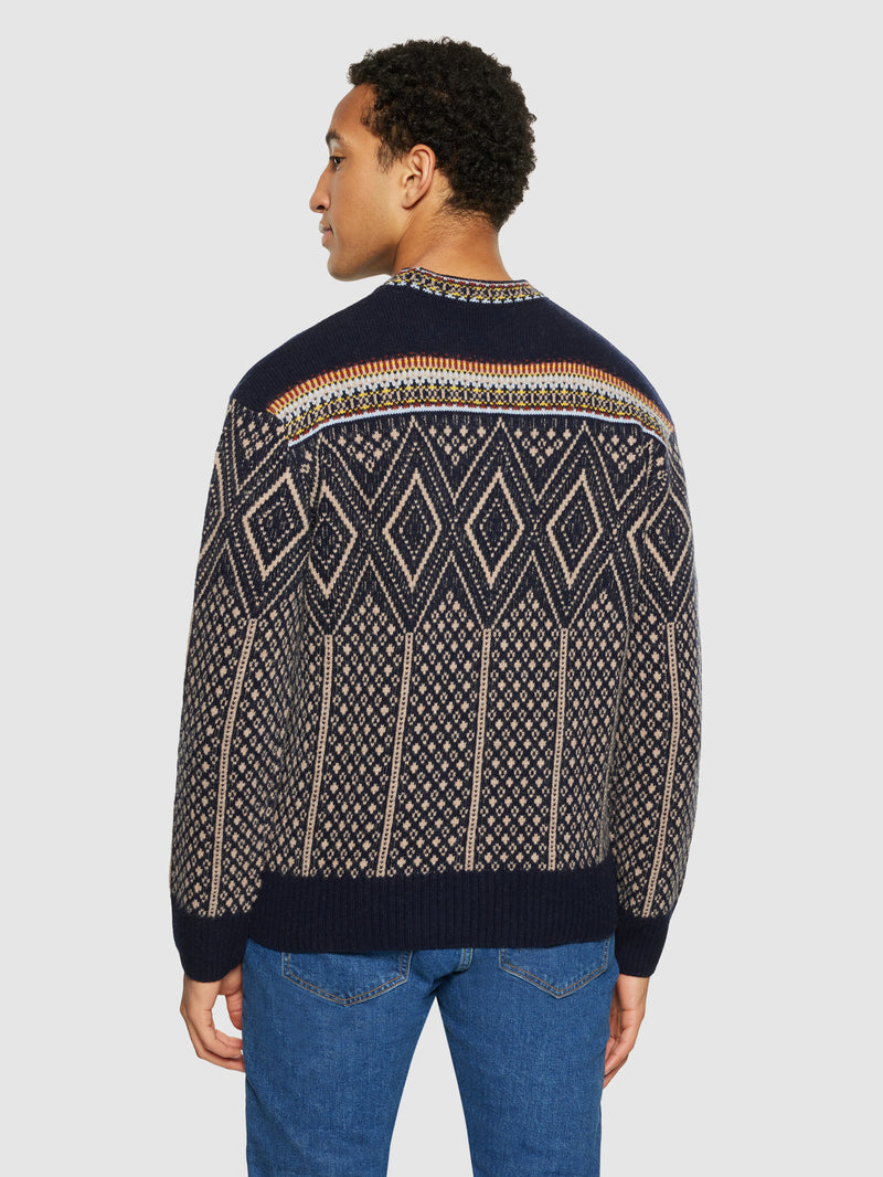 KnowledgeCotton Apparel - MEN Fair Isle crew neck lambswool knit - RWS Knits 9921 Blue