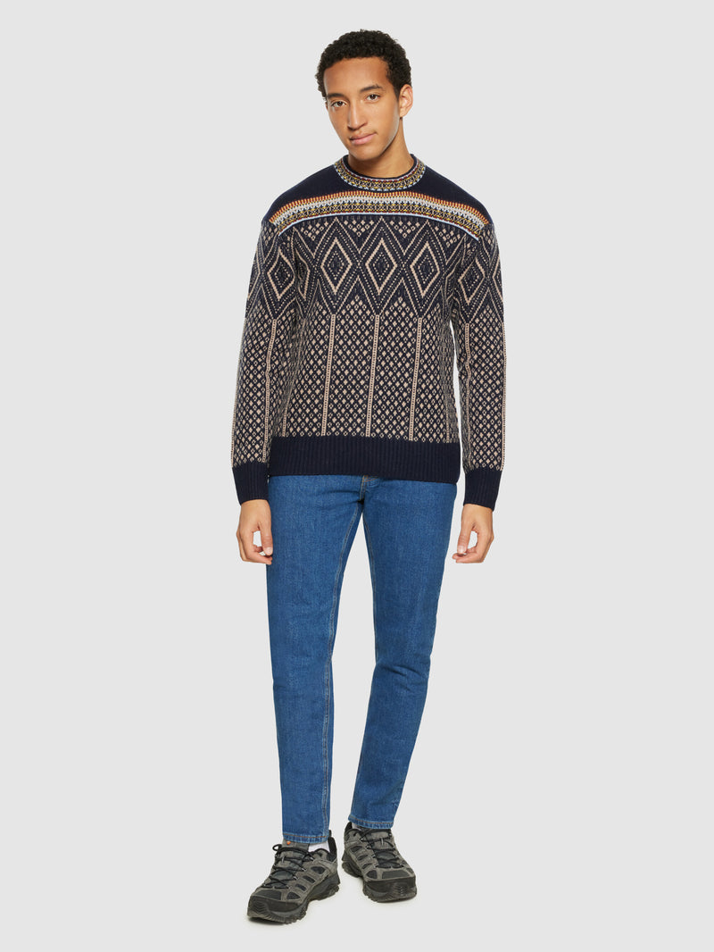 KnowledgeCotton Apparel - MEN Fair Isle crew neck lambswool knit - RWS Knits 9921 Blue