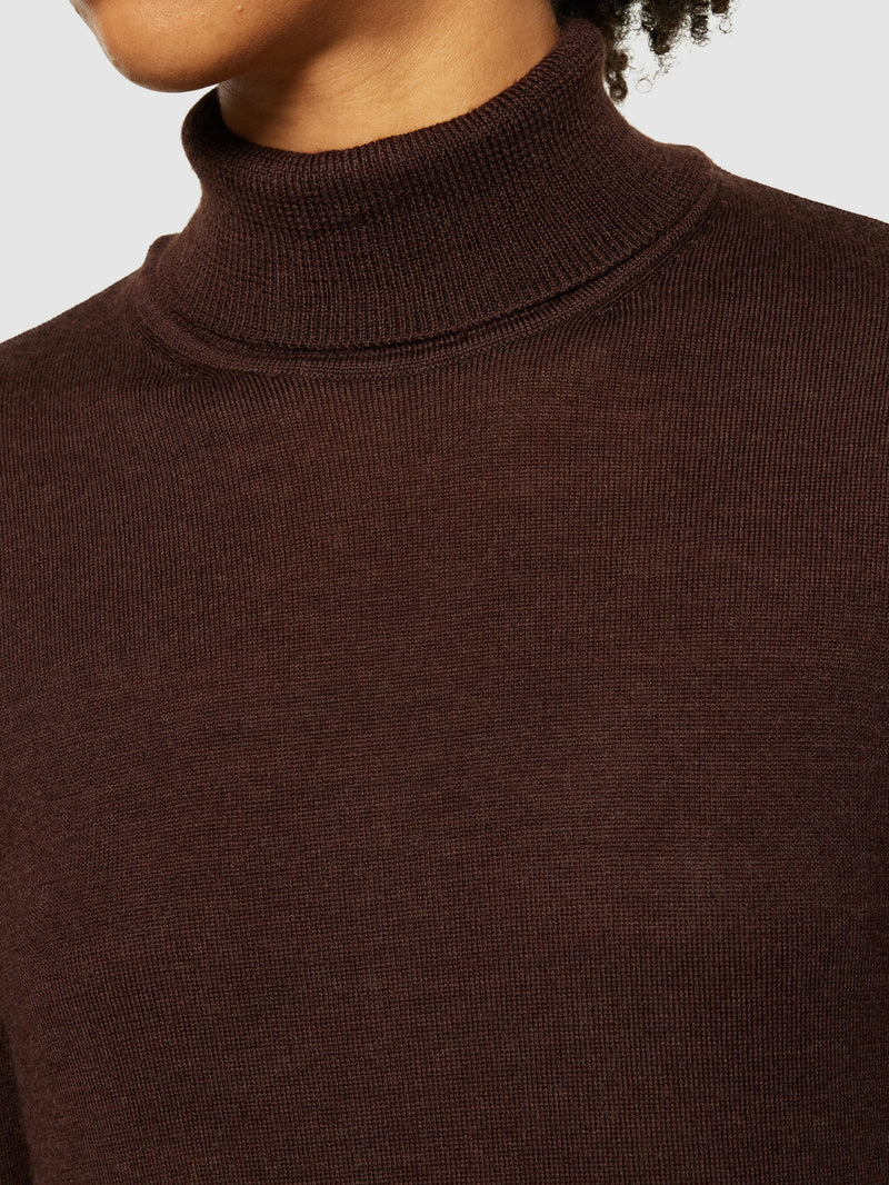 KnowledgeCotton Apparel - WMN Fine merino roll neck - RWS Knits 1243 Demitasse (brown)