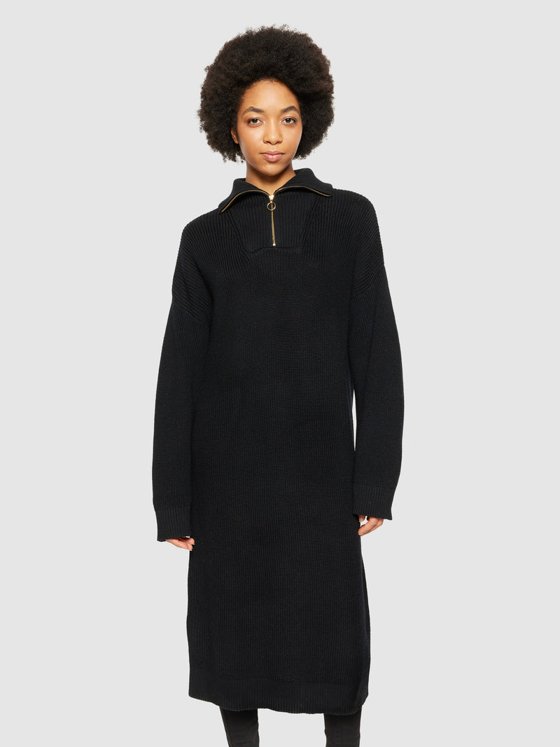 KnowledgeCotton Apparel - WMN Heavy rib half zip knit dress Dresses 1300 Black Jet