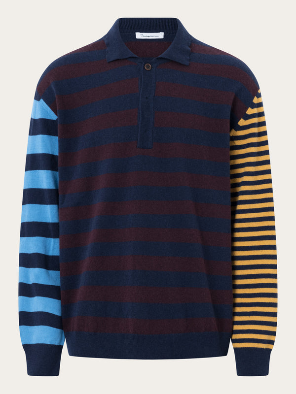KnowledgeCotton Apparel - MEN Knitted long sleeve polo Knits 8021 Blue stripe