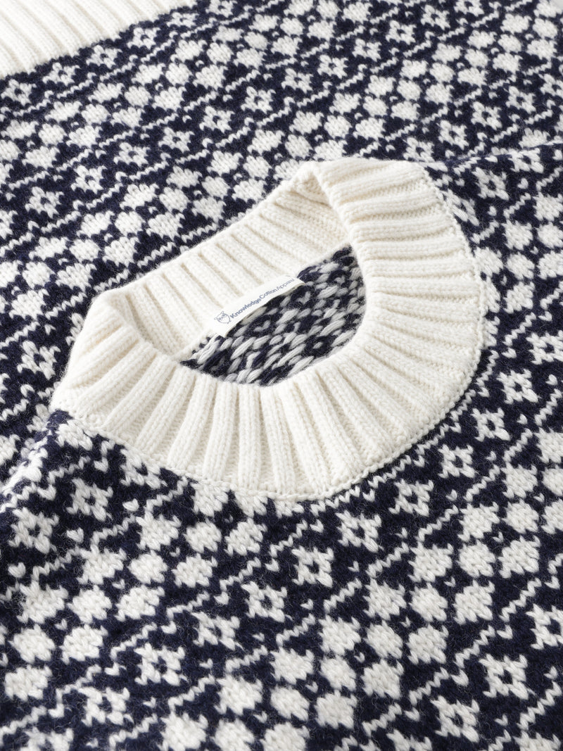 KnowledgeCotton Apparel - WMN Lambswool Crew Neck Knit RWS Knits 8021 Blue stripe