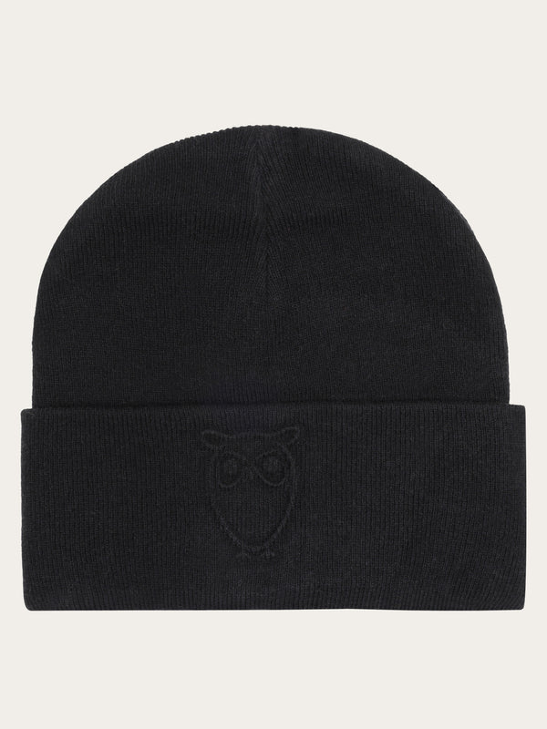 KnowledgeCotton Apparel - UNI Lambswool Logo Embossed Beanie RWS Hats 1300 Black Jet