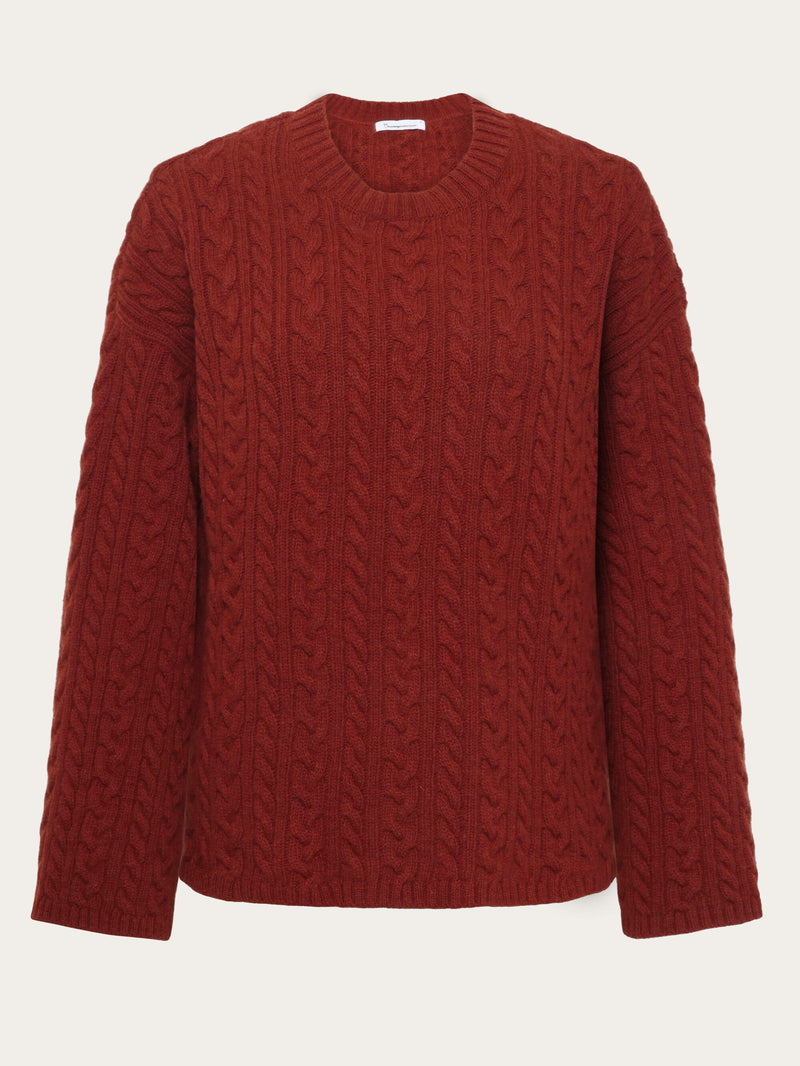 KnowledgeCotton Apparel - WMN Lambswool cable crew neck - RWS Knits 1478 Fired Brick