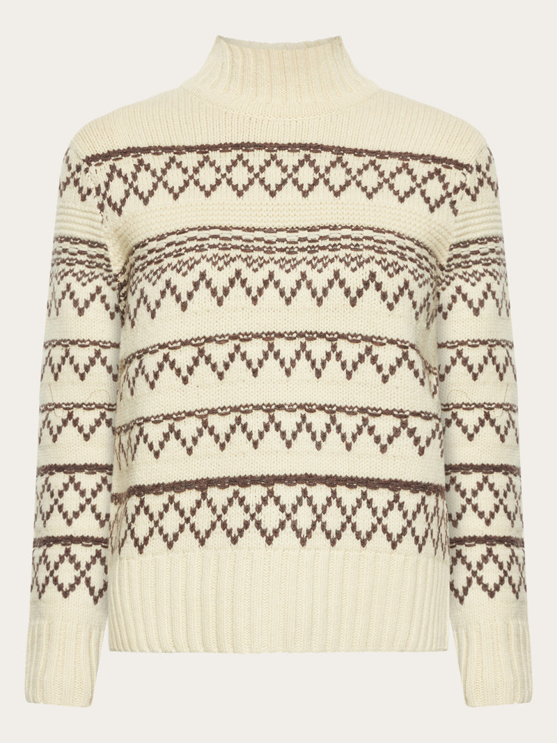 KnowledgeCotton Apparel - WMN Lambswool pattern high neck - RWS Knits 8033 Creme Stripe