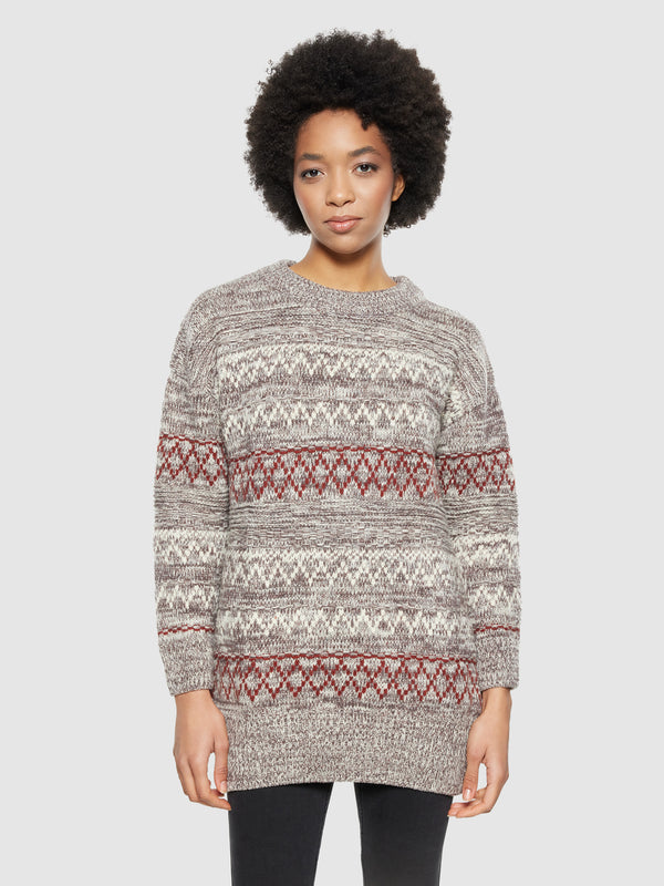 KnowledgeCotton Apparel - WMN Lambswool pattern loose crew neck - RWS Knits 8026 Brown stripe