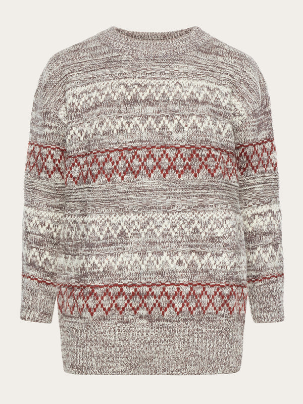 KnowledgeCotton Apparel - WMN Lambswool pattern loose crew neck - RWS Knits 8026 Brown stripe