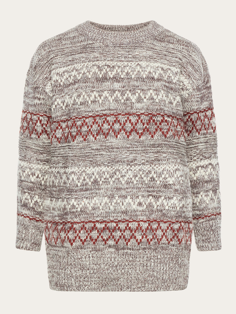KnowledgeCotton Apparel - WMN Lambswool pattern loose crew neck - RWS Knits 8026 Brown stripe