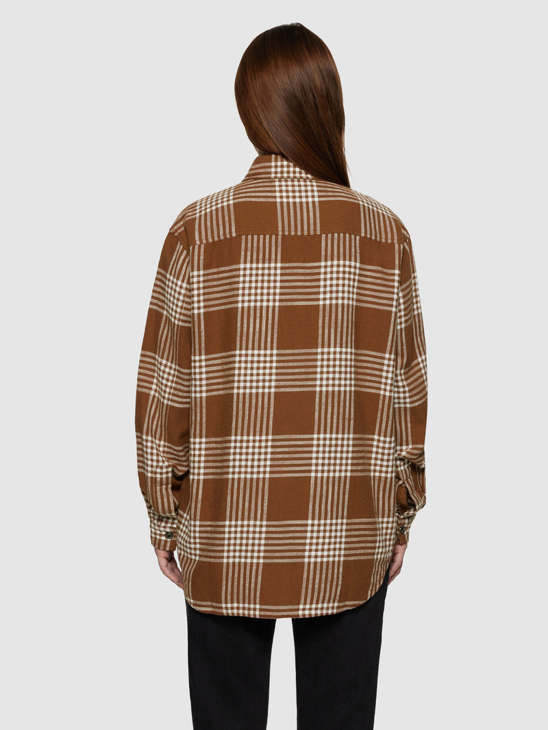 KnowledgeCotton Apparel - WMN Loose check flannel shirt - GOTS/Vegan Shirts 7026 Brown check