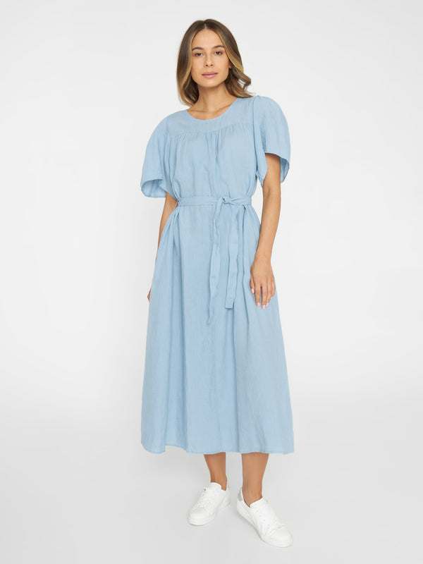 KnowledgeCotton Apparel - WMN Loose short sleeved linen dress Dresses 1322 Asley Blue