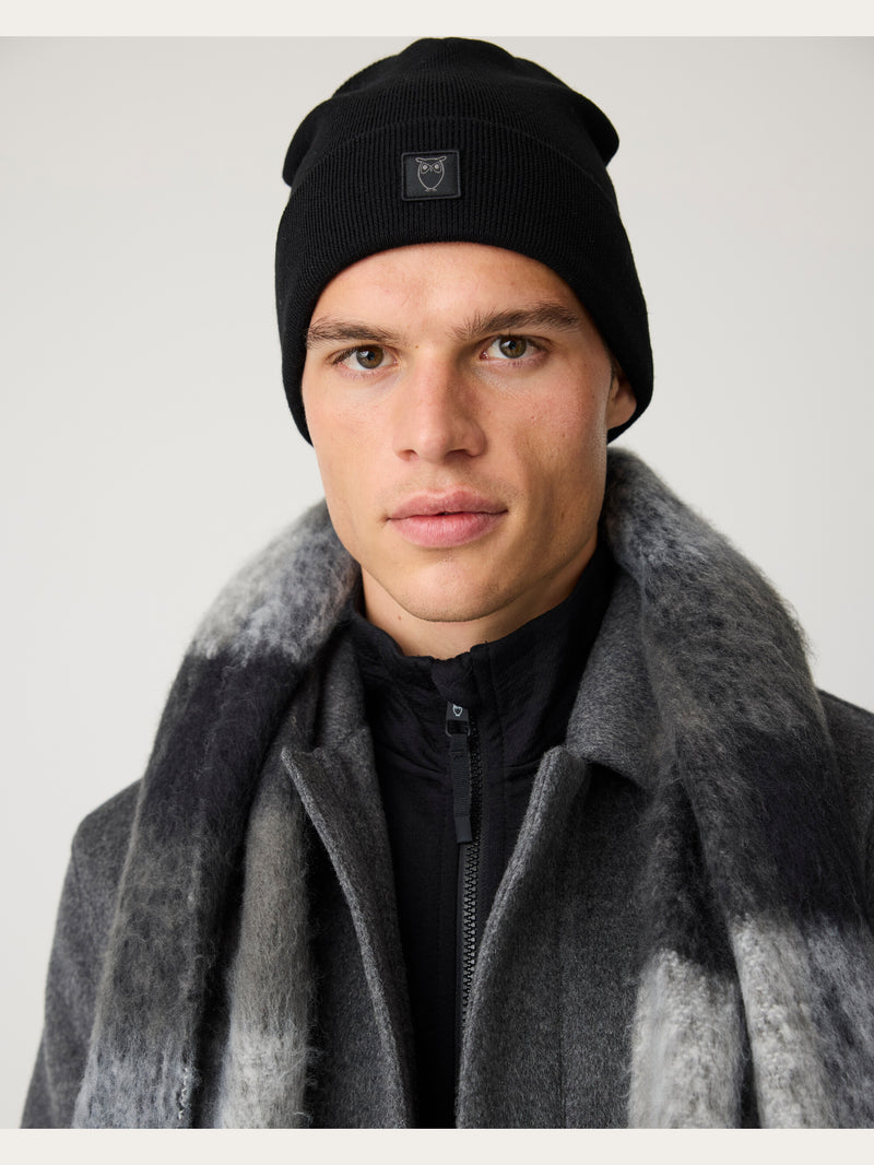 KnowledgeCotton Apparel - UNI Merino double layer badge beanie Hats 1300 Black Jet