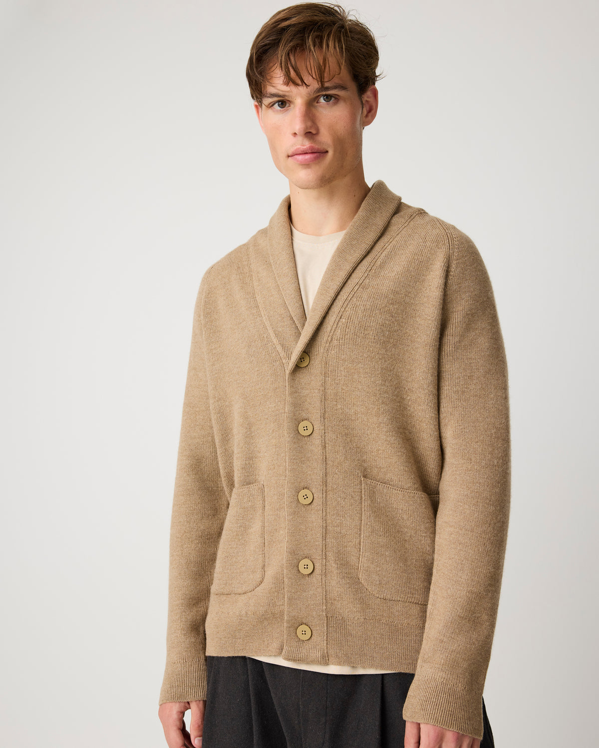 KnowledgeCotton Apparel - MEN Merino knit cardigan Knits 1336 Kelp melange