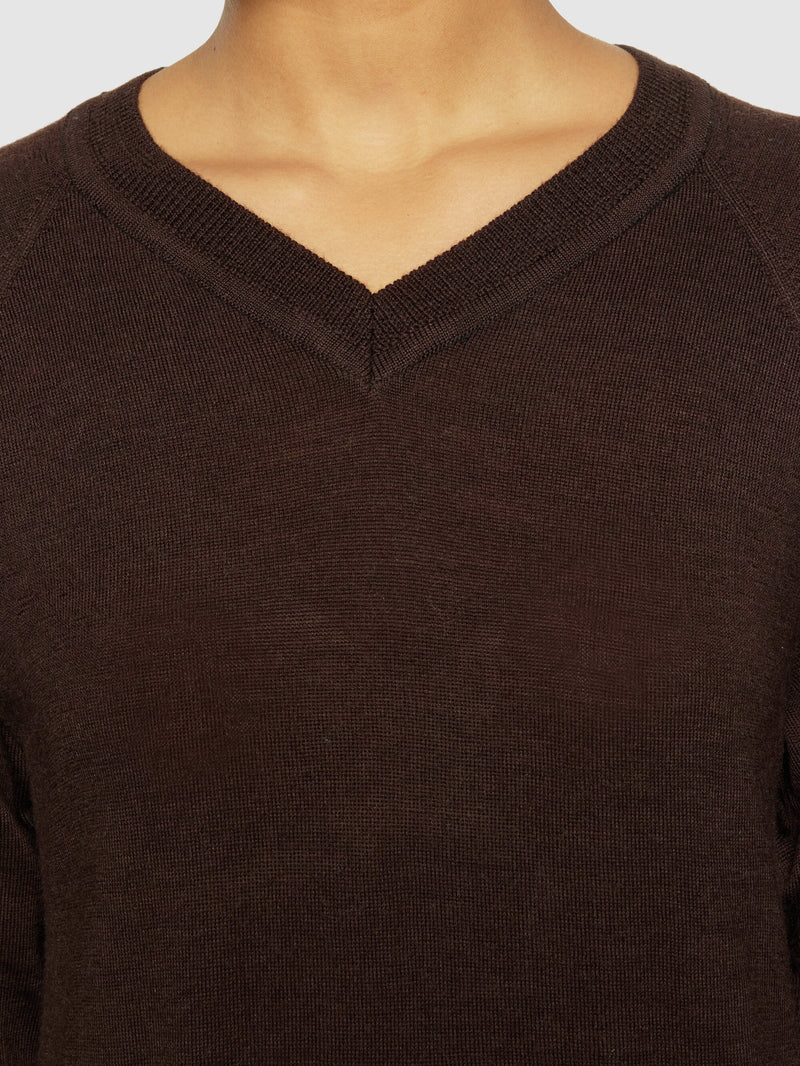 KnowledgeCotton Apparel - WMN Merino mid length v-neck dress - RWS Dresses 1243 Demitasse (brown)