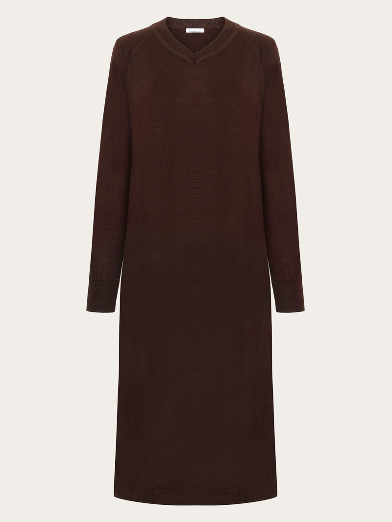 KnowledgeCotton Apparel - WMN Merino mid length v-neck dress - RWS Dresses 1243 Demitasse (brown)