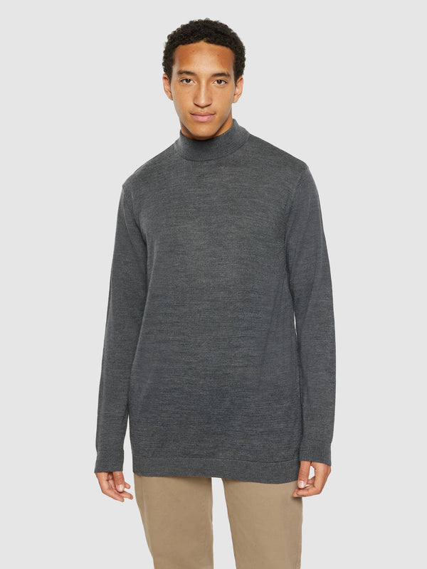 KnowledgeCotton Apparel - MEN Merino mock neck - RWS Knits 1073 Dark Grey Melange