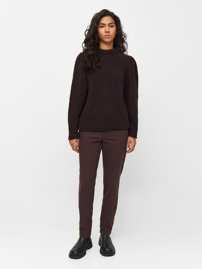 KnowledgeCotton Apparel - WMN Mouline puff sleeve crew neck Knits 1394 Chocolate Plum