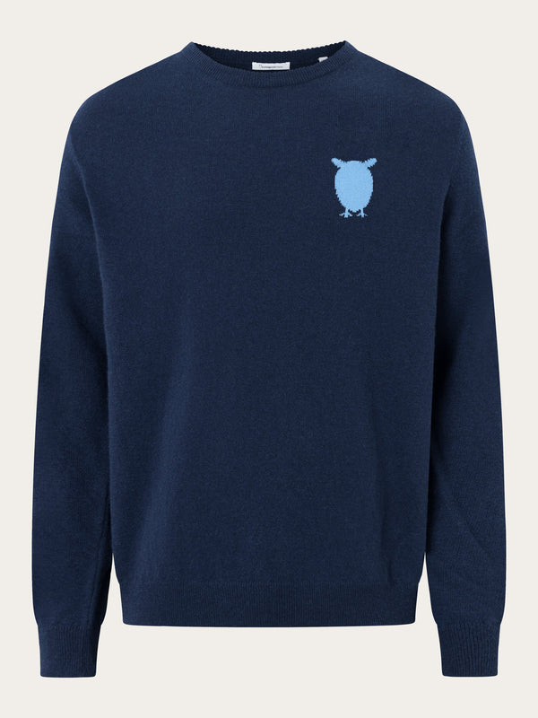 KnowledgeCotton Apparel - MEN O-neck knit with owl at chest Knits 1001 Total Eclipse