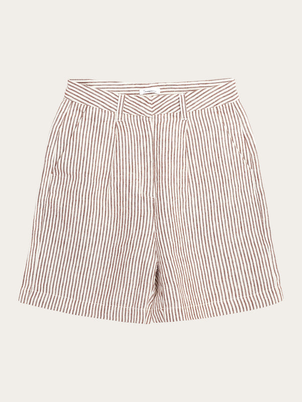 KnowledgeCotton Apparel - WMN POSEY wide high-rise striped linen shorts - GOTS/Vegan Shorts 8026 Brown stripe
