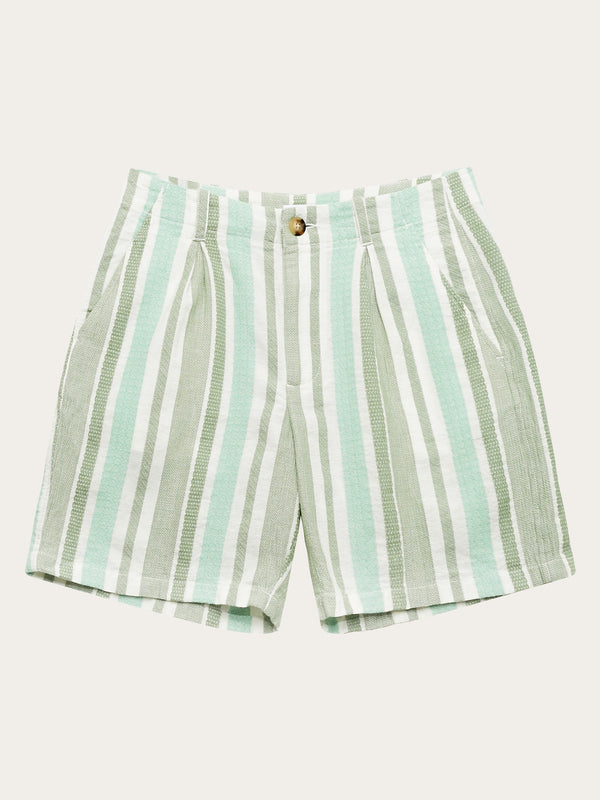 KnowledgeCotton Apparel - WMN POSEY wide mid-rise pleated jacquard woven stripe shorts - GOTS/Vegan Shorts 8023 Green stripe