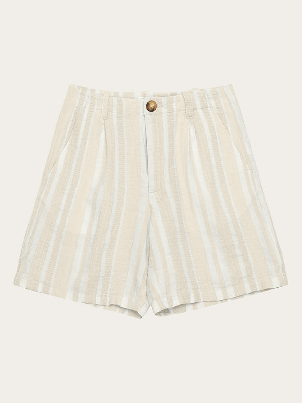 KnowledgeCotton Apparel - WMN POSEY wide mid-rise pleated jacquard woven stripe shorts - GOTS/Vegan Shorts 8030 Beige stripe