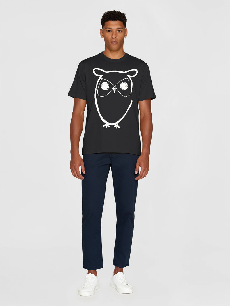 KnowledgeCotton Apparel - MEN Regular big owl front print t-shirt - GOTS T-shirts 1300 Black Jet