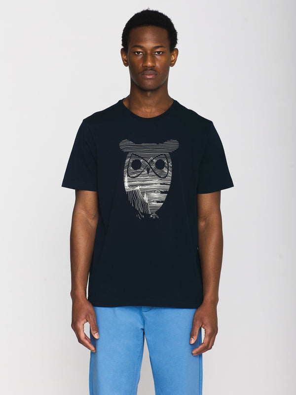 KnowledgeCotton Apparel - MEN Regular fit with big owl front print t-shirt - GOTS/Vegan T-shirts 1001 Total Eclipse
