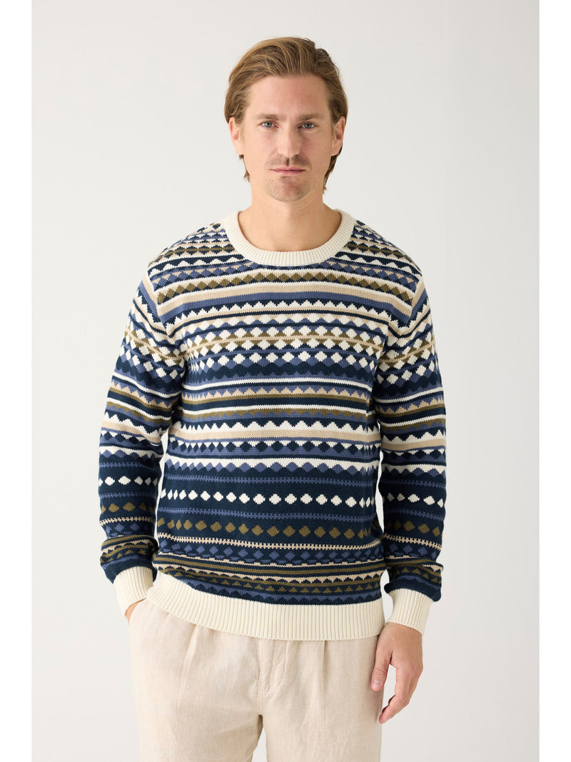 KnowledgeCotton Apparel - MEN Regular jaquard crew neck knit - Regenerative Organic Certified™ - GOTS/Vegan Knits 8021 Blue stripe