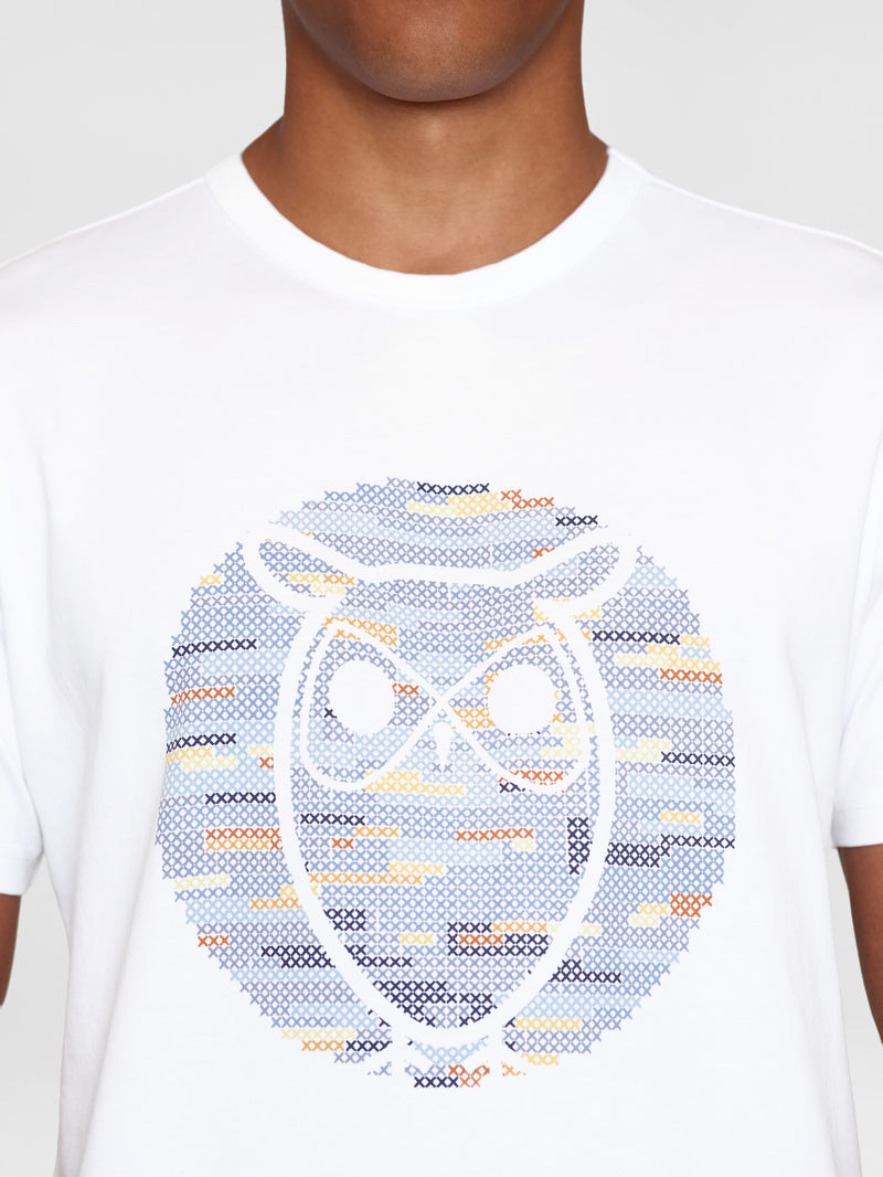 KnowledgeCotton Apparel - MEN Regular short sleeve heavy single owl cross stitch print t-shirt - GOTS/Vegan T-shirts 1010 Bright White
