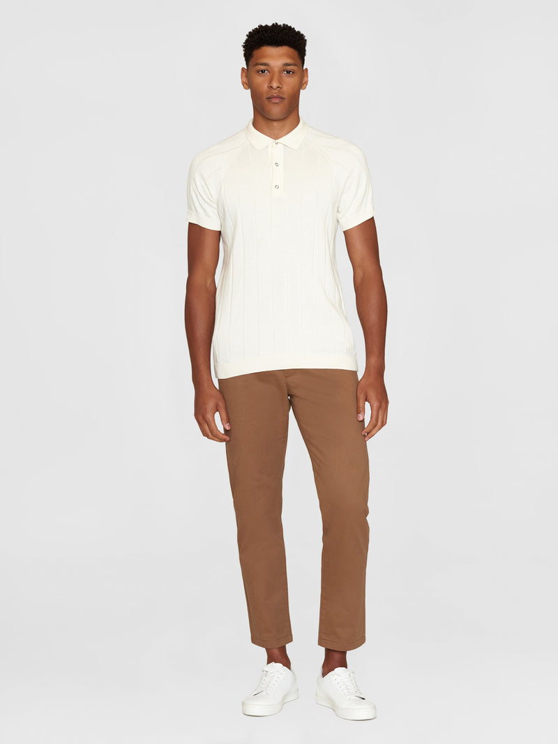 KnowledgeCotton Apparel - MEN Regular short sleeved striped knitted polo - GOTS/Vegan Polos 1387 Egret