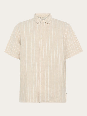 KnowledgeCotton Apparel - MEN Relaxed linen stripe short sleeve shirt Shirts 8033 Creme Stripe