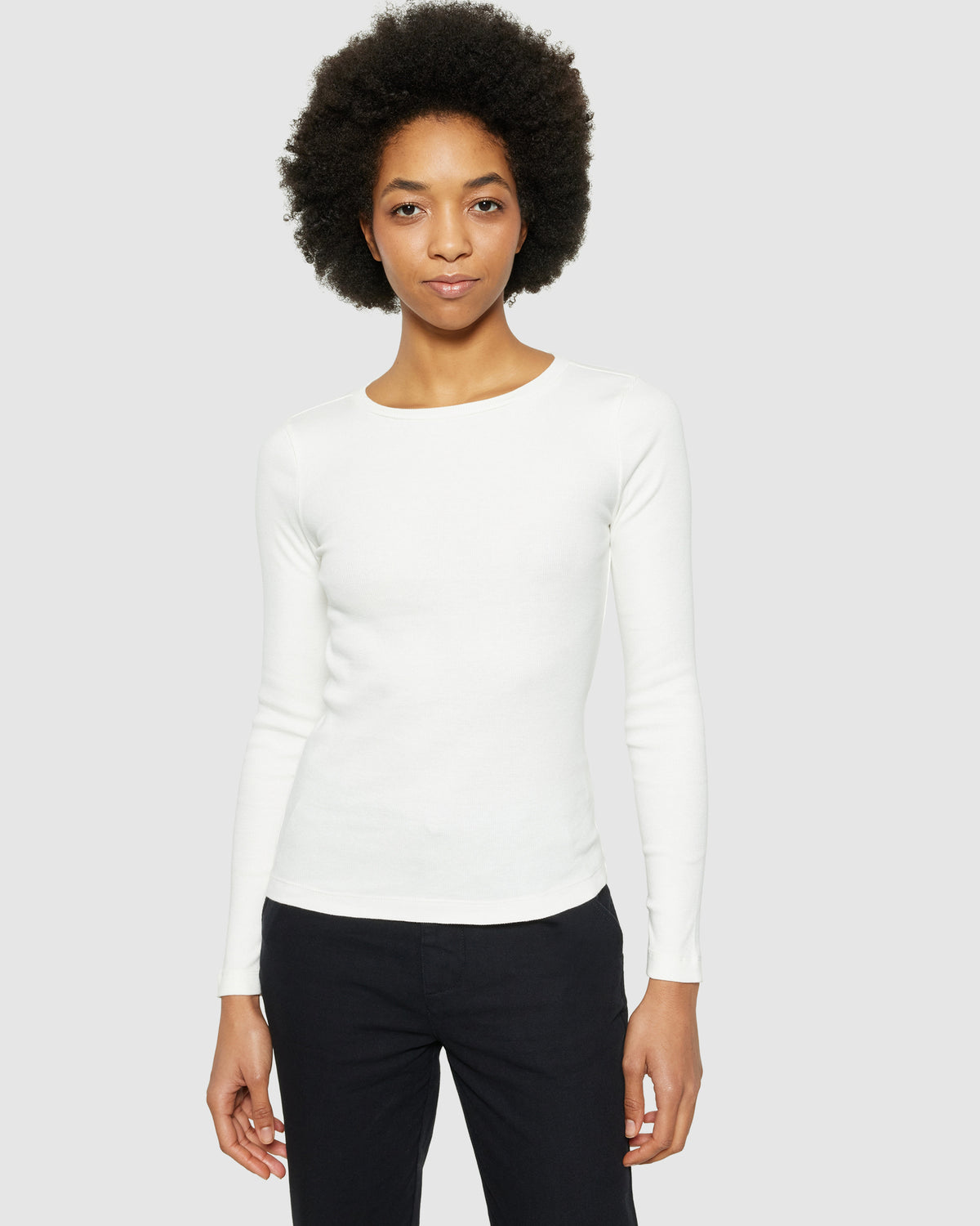KnowledgeCotton Apparel - WMN Rib Scoop neck long sleeved Long Sleeves 1007 Star White