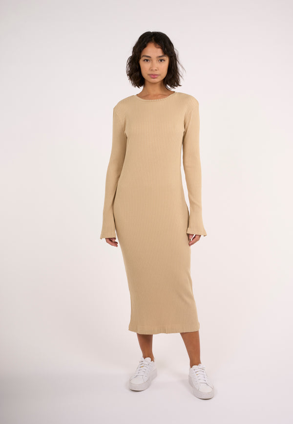 KnowledgeCotton Apparel - WMN Rib crew neck Lenzing™ slit dress Dresses 1347 Safari