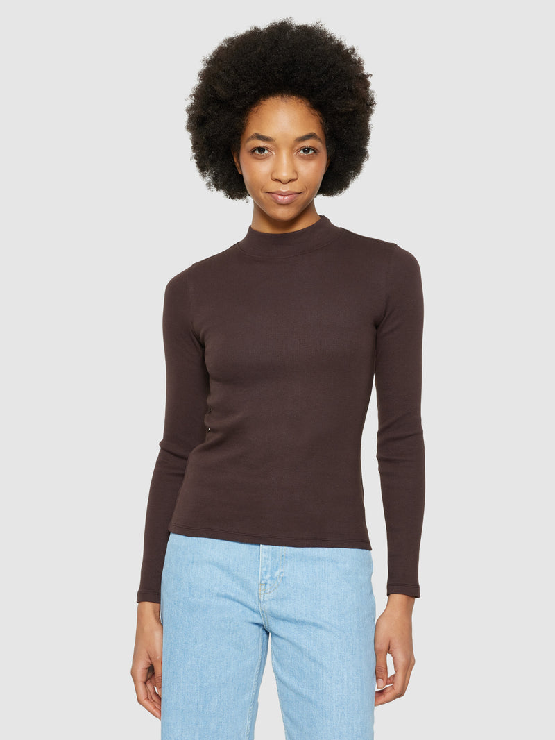 KnowledgeCotton Apparel - WMN Rib high neck LS T-shirts 1394 Chocolate Plum