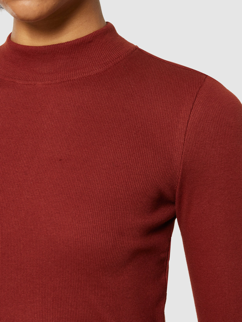 KnowledgeCotton Apparel - WMN Rib high neck LS T-shirts 1478 Fired Brick